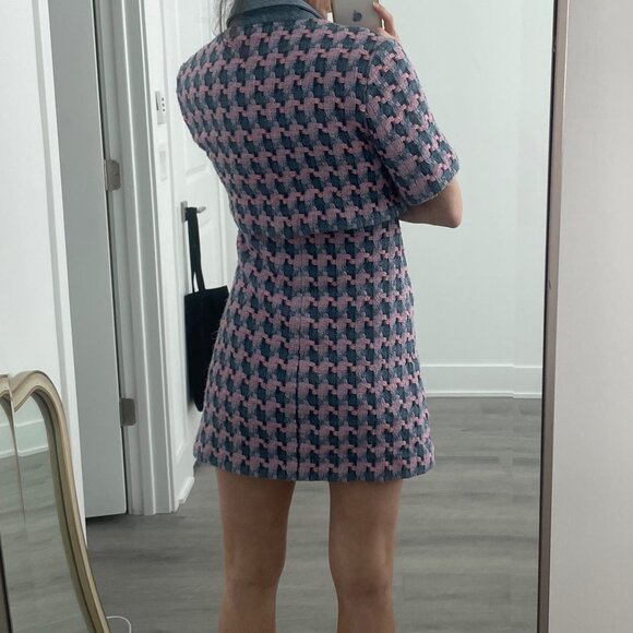 Sandro Amadora Denim Trim Houndstooth Tweed Mini Dress Size 34 - Picture 8 of 10